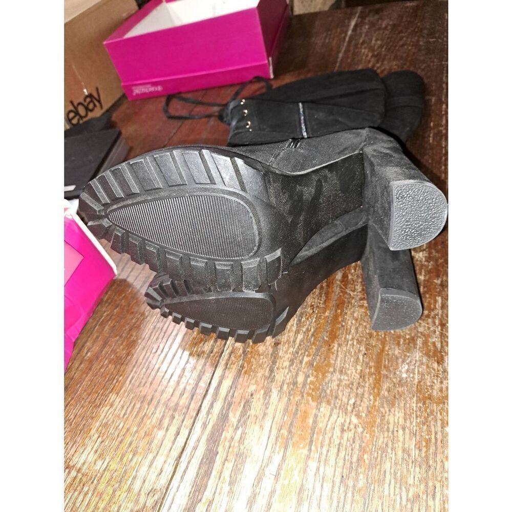 New 9.5E Extra Wide Shoe Dazzle Black Rangi Lace Up Chunky High Heel Boots - Picture 10 of 11